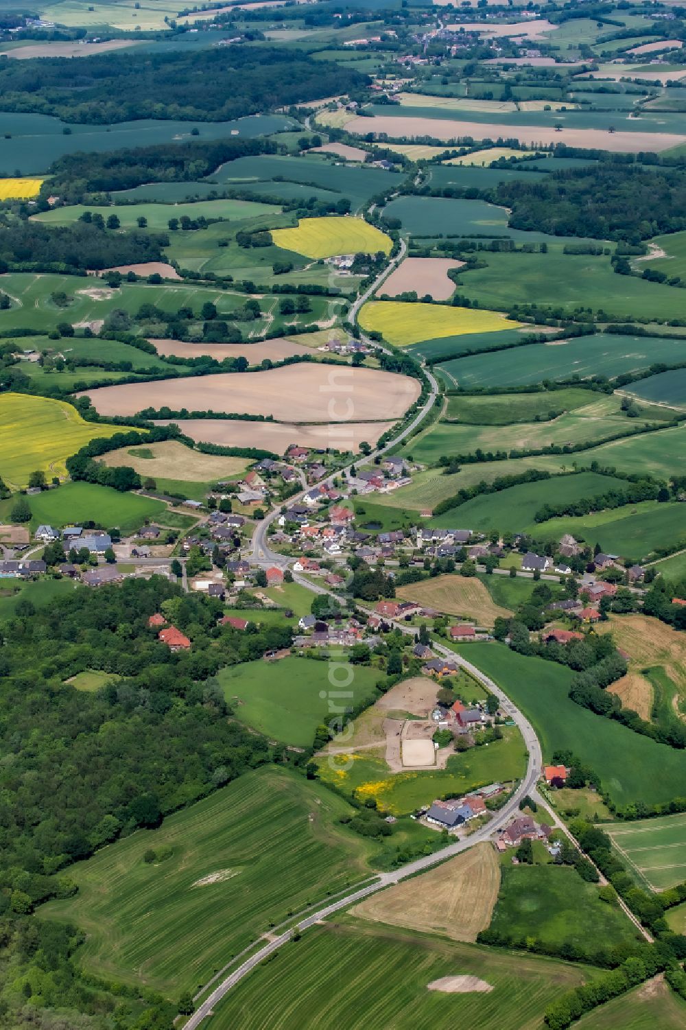 Högsdorf from above - Village view on the edge of agricultural fields and land on street Gowenser Strasse in Hoegsdorf in the state Schleswig-Holstein, Germany