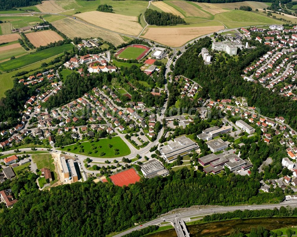 Aerial image Sigmaringen - Village view on the edge of agricultural fields and land on Hohenzollernstrasse in Sigmaringen in the state Baden-Wuerttemberg, Germany