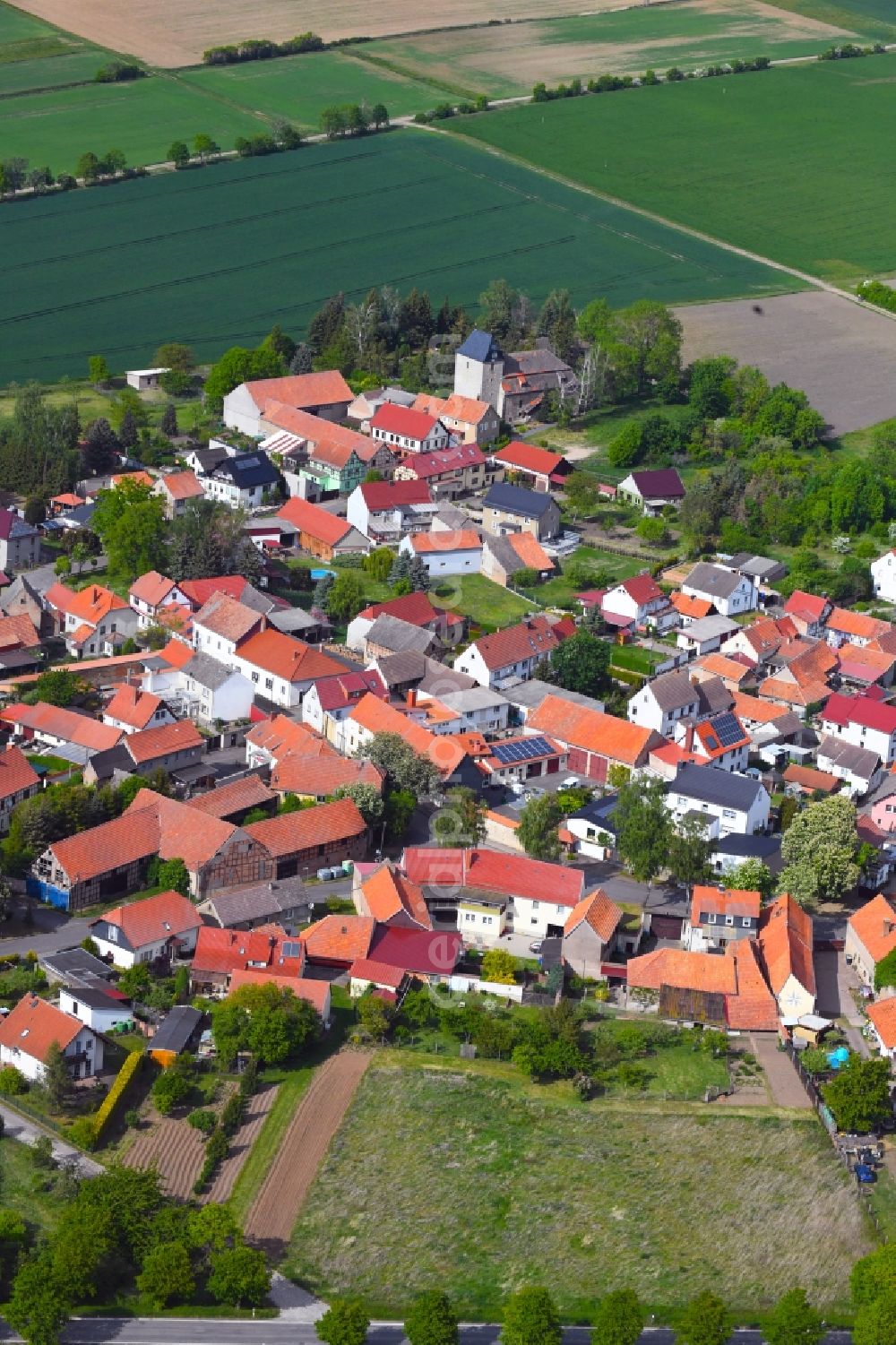 Holzengel from above - Village view on the edge of agricultural fields and land in Holzengel in the state Thuringia, Germany