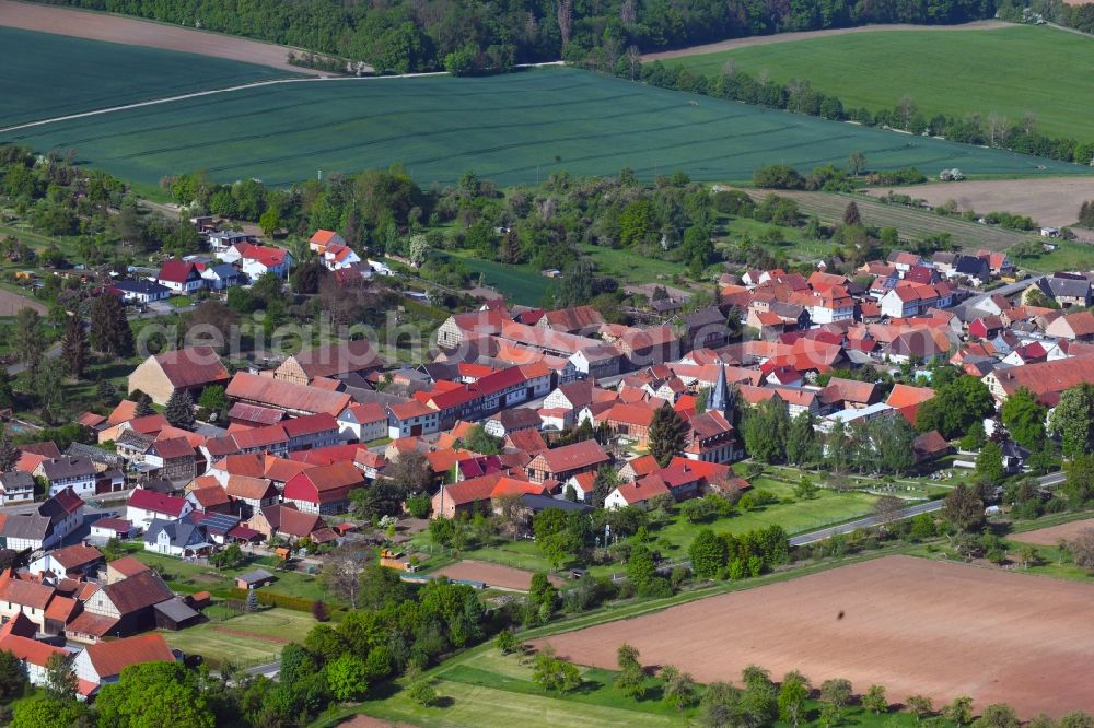 Holzsußra from above - Village view on the edge of agricultural fields and land in Holzsussra in the state Thuringia, Germany