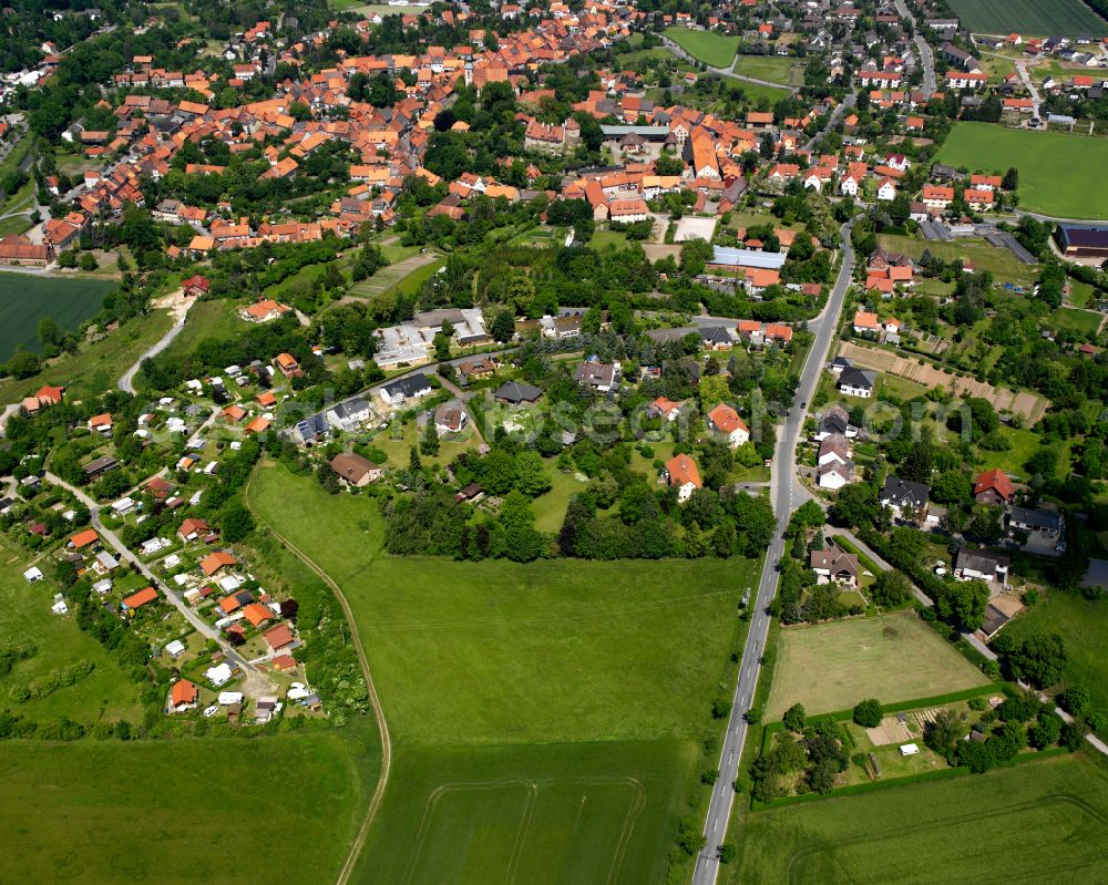 Aerial image Hornburg - Village view on the edge of agricultural fields and land in Hornburg in the state Lower Saxony, Germany