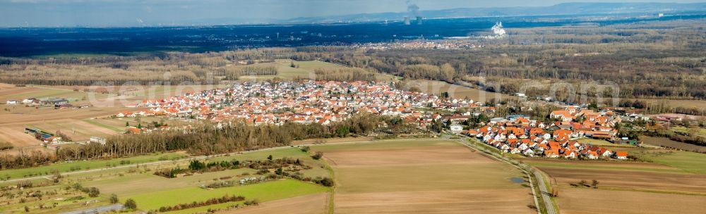 Hördt from above - Village view on the edge of agricultural fields and land in Hoerdt in the state Rhineland-Palatinate, Germany