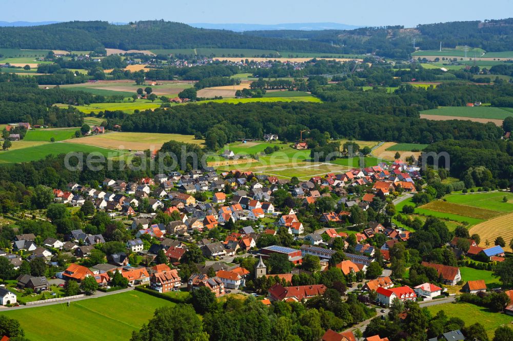 Aerial image Hörste - Village view on the edge of agricultural fields and land in Hörste in the state North Rhine-Westphalia, Germany