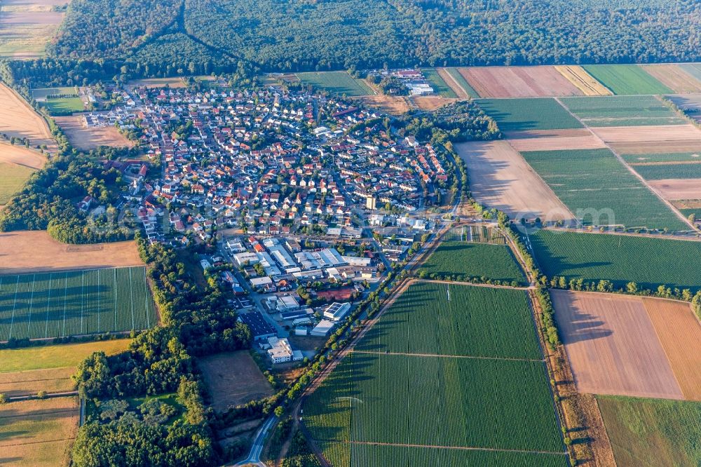 Hüttenfeld from the bird's eye view: Village view on the edge of agricultural fields and land in Huettenfeld in the state Hesse, Germany