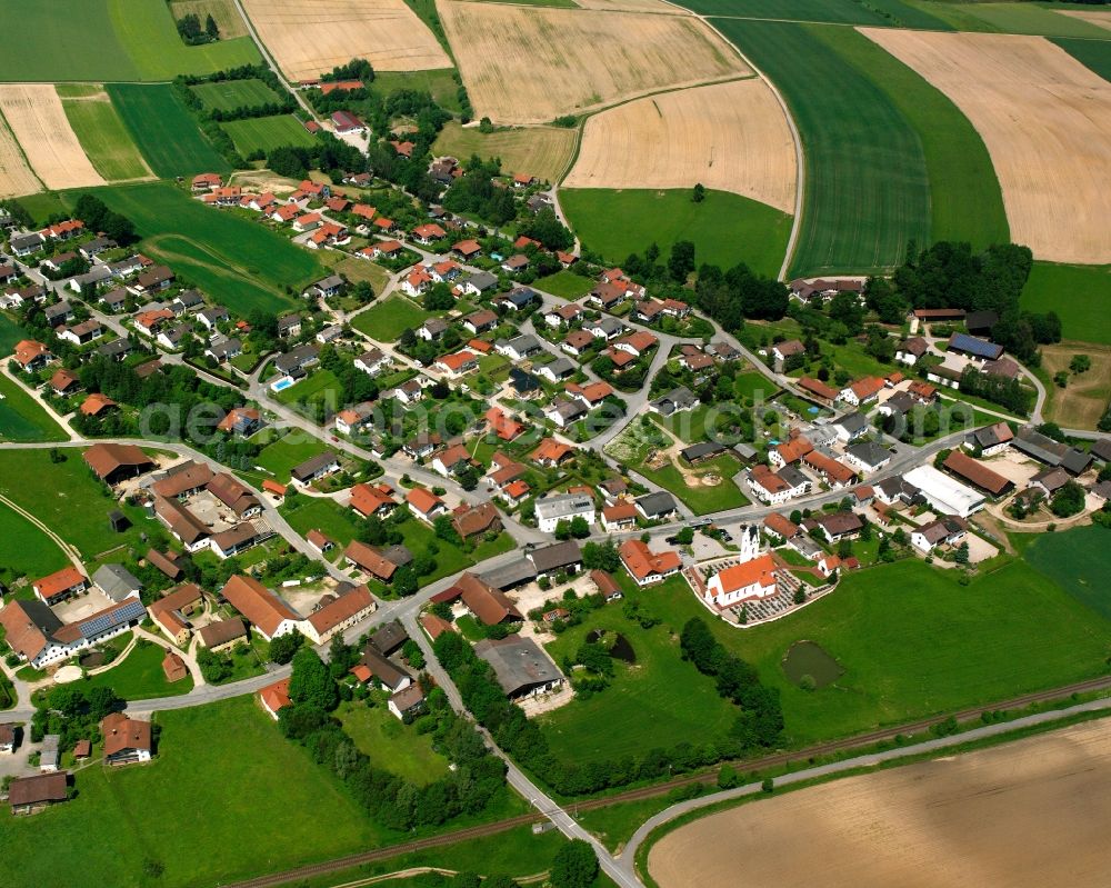 Aerial image Huldsessen - Village view on the edge of agricultural fields and land in Huldsessen in the state Bavaria, Germany