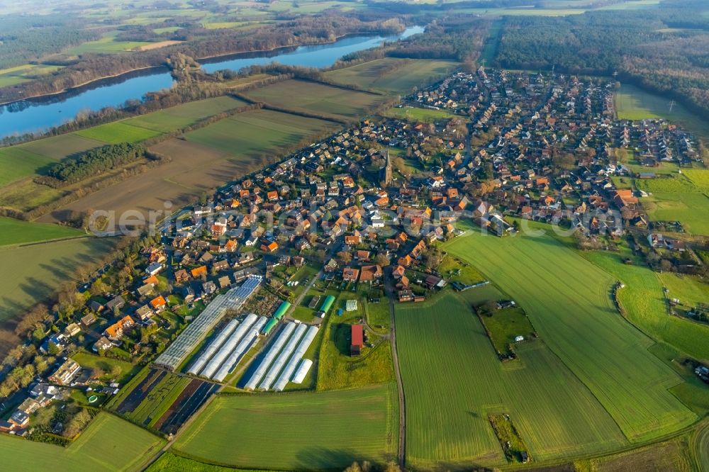 Aerial image Hullern - Village view on the edge of agricultural fields and land in Hullern in the state North Rhine-Westphalia, Germany