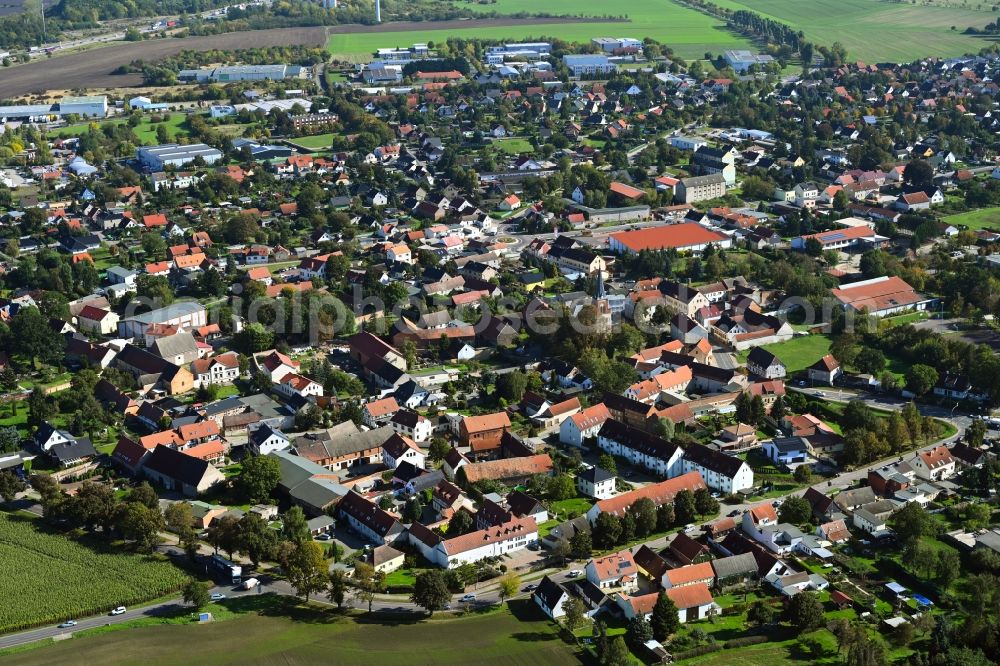 Irxleben from above - Village view on the edge of agricultural fields and land in Irxleben in the state Saxony-Anhalt, Germany