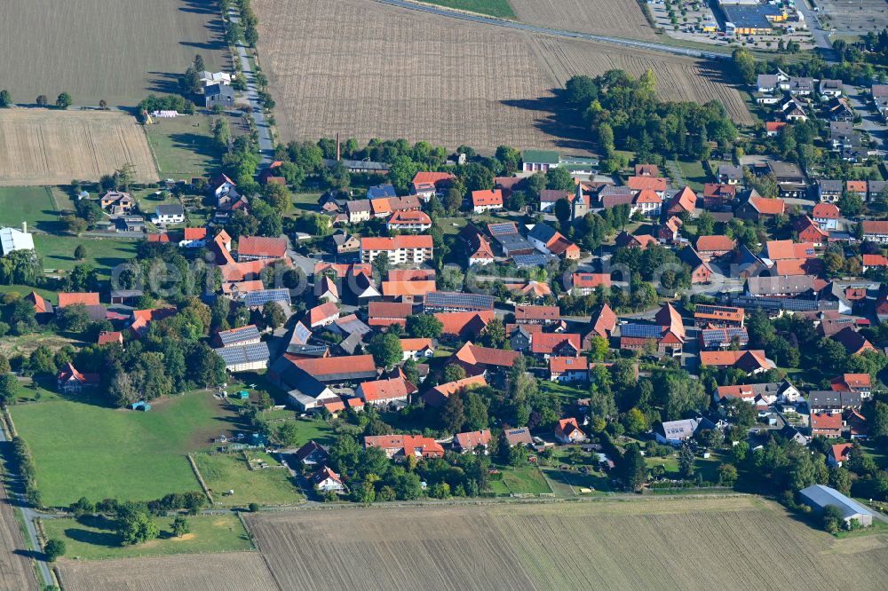 Aerial image Jerstedt - Village view on the edge of agricultural fields and land in Jerstedt in the state Lower Saxony, Germany