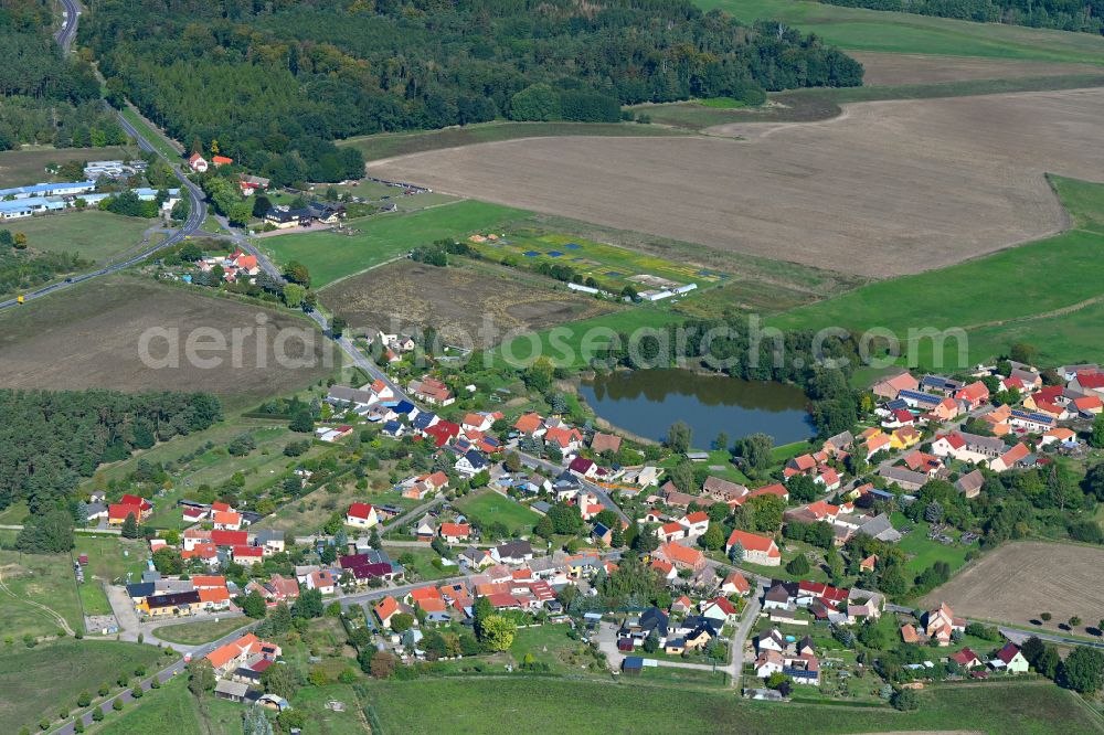 Aerial image Jeserigerhütten - Village view on the edge of agricultural fields and land in Jeserigerhuetten in the state Brandenburg, Germany