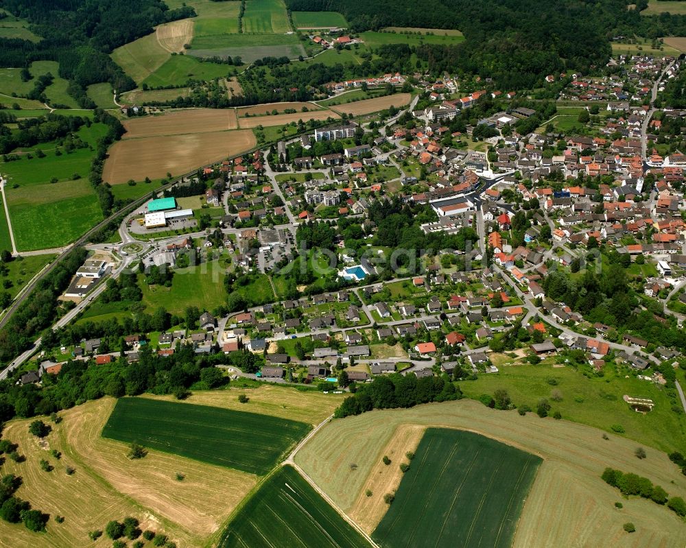 Aerial image Jestetten - Village view on the edge of agricultural fields and land in Jestetten in the state Baden-Wuerttemberg, Germany