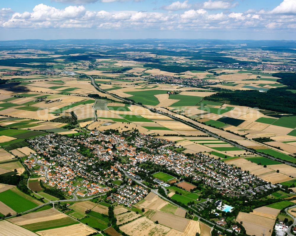 Aerial image Kirchhausen - Village view on the edge of agricultural fields and land in Kirchhausen in the state Baden-Wuerttemberg, Germany