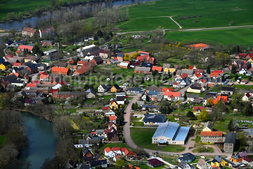 Klöden from the bird's eye view: Village view on the edge of agricultural fields and land in Kloeden in the state Saxony-Anhalt, Germany