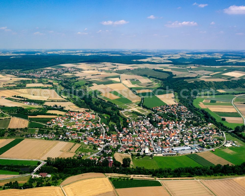 Aerial image Kochersteinsfeld - Village view on the edge of agricultural fields and land in Kochersteinsfeld in the state Baden-Wuerttemberg, Germany