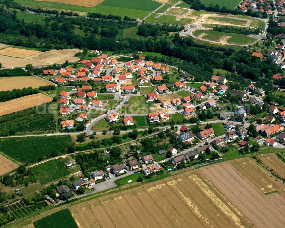 Aerial image Kochersteinsfeld - Village view on the edge of agricultural fields and land in Kochersteinsfeld in the state Baden-Wuerttemberg, Germany