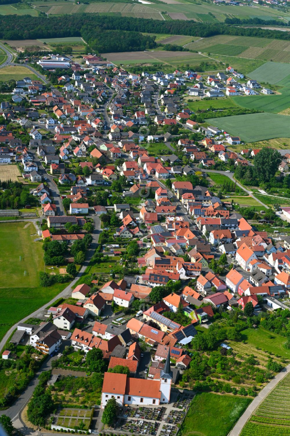 Kolitzheim from above - Village view on the edge of agricultural fields and land in Kolitzheim in the state Bavaria, Germany