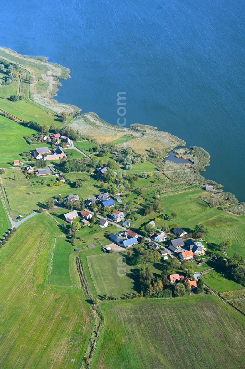 Rankwitz from above - Village view on the edge of agricultural fields and land on Kueste of Ostsee in Rankwitz in the state Mecklenburg - Western Pomerania, Germany