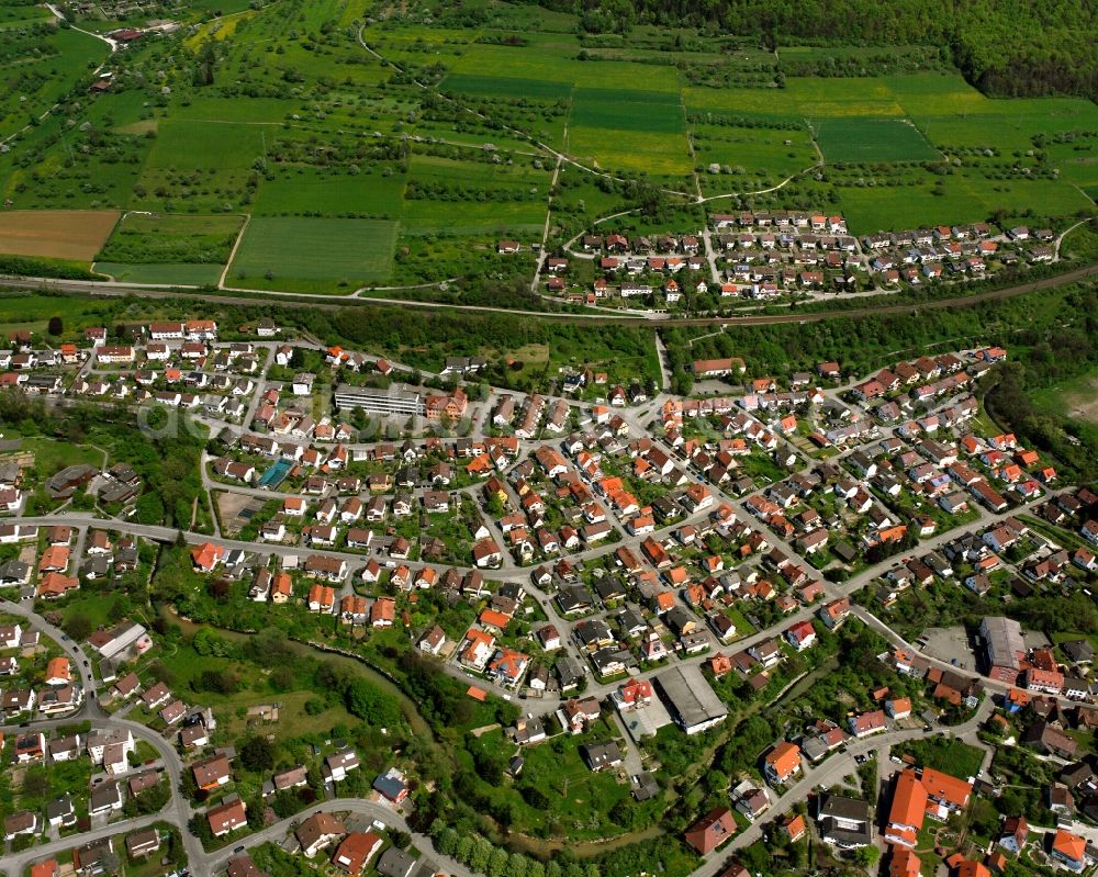 Aerial image Kuchen - Village view on the edge of agricultural fields and land in Kuchen in the state Baden-Wuerttemberg, Germany