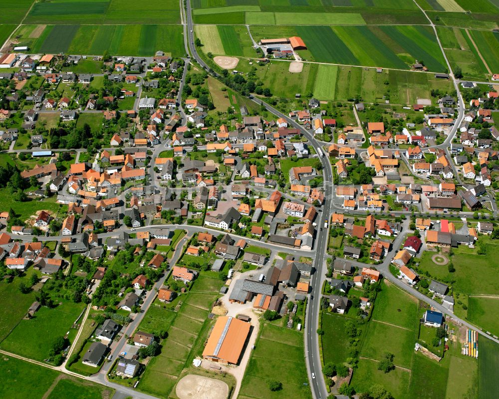 Aerial image Landenhausen - Village view on the edge of agricultural fields and land in Landenhausen in the state Hesse, Germany