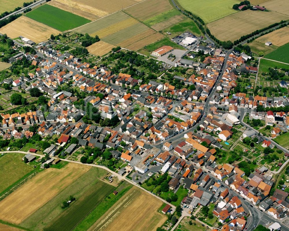 Aerial image Lang-Göns - Village view on the edge of agricultural fields and land in Lang-Göns in the state Hesse, Germany