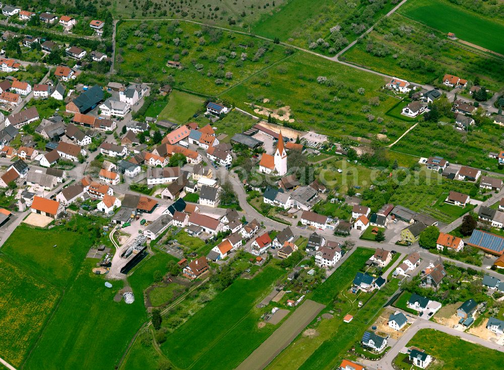 Aerial image Langenau - Village view on the edge of agricultural fields and land in Langenau in the state Baden-Wuerttemberg, Germany