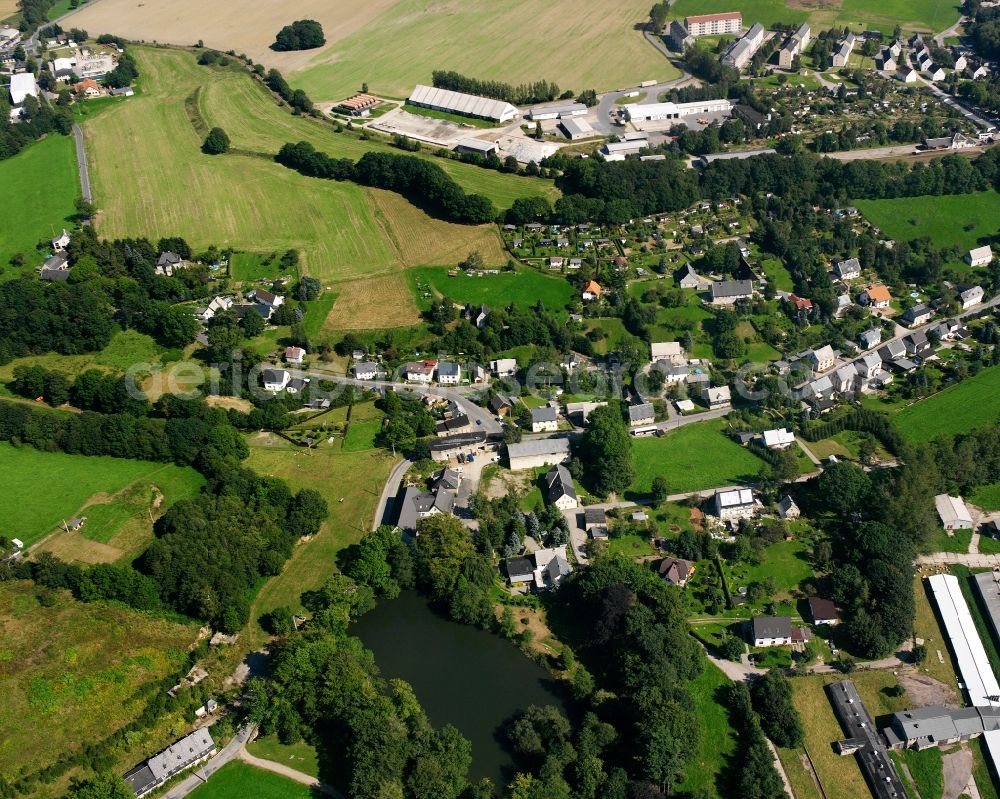 Langenau from above - Village view on the edge of agricultural fields and land in Langenau in the state Saxony, Germany