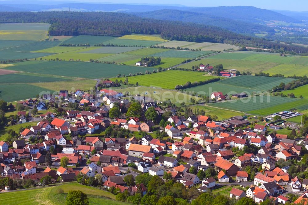 Aerial image Langenschwarz - Village view on the edge of agricultural fields and land in Langenschwarz in the state Hesse, Germany