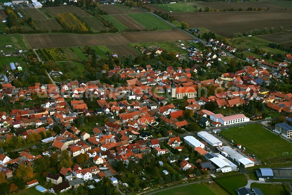 Langula from above - Village view on the edge of agricultural fields and land in Langula in the state Thuringia, Germany