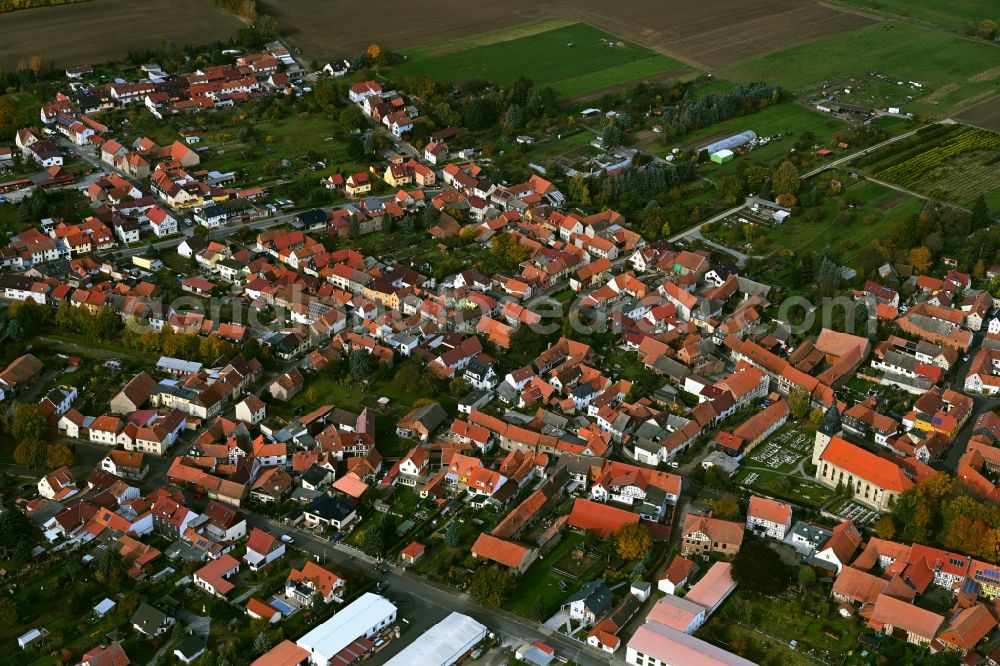 Aerial image Langula - Village view on the edge of agricultural fields and land in Langula in the state Thuringia, Germany