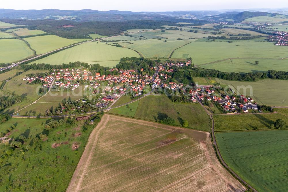 Laucha from above - Village view on the edge of agricultural fields and land in Laucha in the state Thuringia, Germany