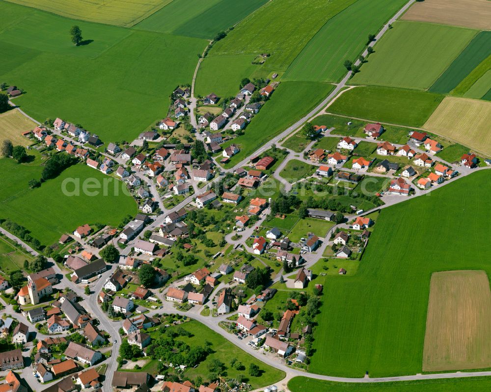 Aerial image Laupertshausen - Village view on the edge of agricultural fields and land in Laupertshausen in the state Baden-Wuerttemberg, Germany