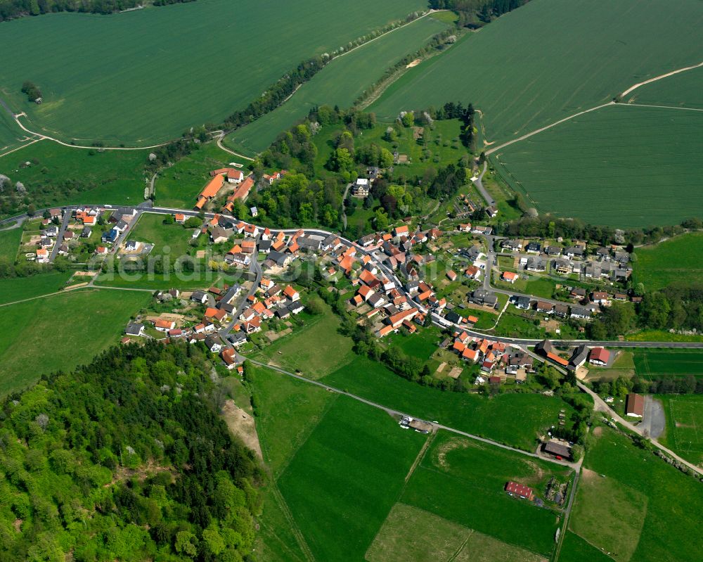 Aerial image Lehrbach - Village view on the edge of agricultural fields and land in Lehrbach in the state Hesse, Germany