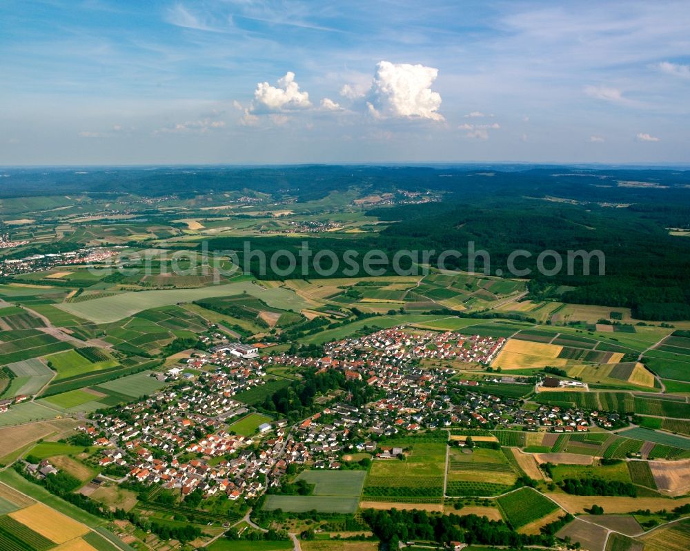 Aerial image Lehrensteinsfeld - Village view on the edge of agricultural fields and land in Lehrensteinsfeld in the state Baden-Wuerttemberg, Germany