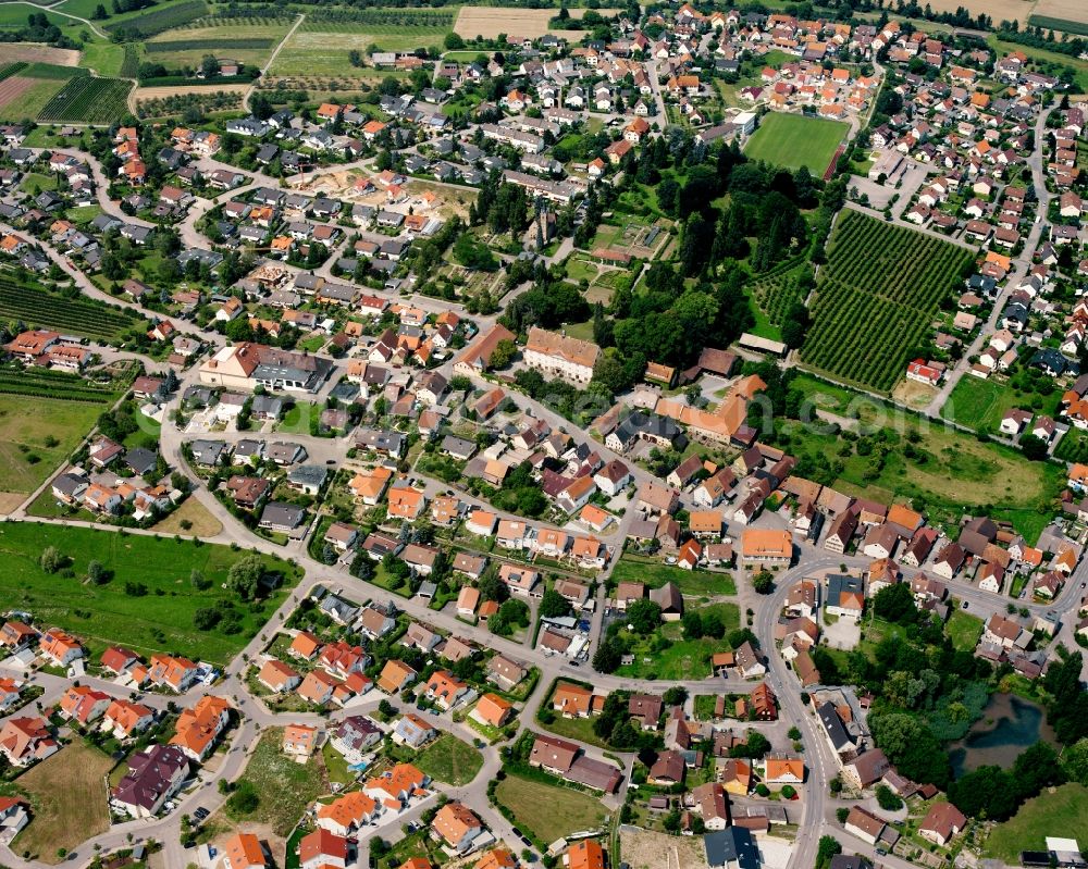 Lehrensteinsfeld from above - Village view on the edge of agricultural fields and land in Lehrensteinsfeld in the state Baden-Wuerttemberg, Germany