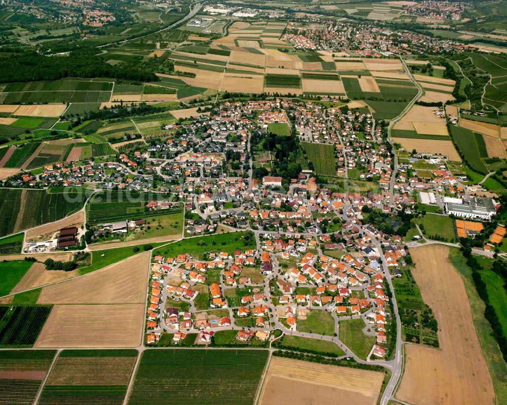 Lehrensteinsfeld from the bird's eye view: Village view on the edge of agricultural fields and land in Lehrensteinsfeld in the state Baden-Wuerttemberg, Germany