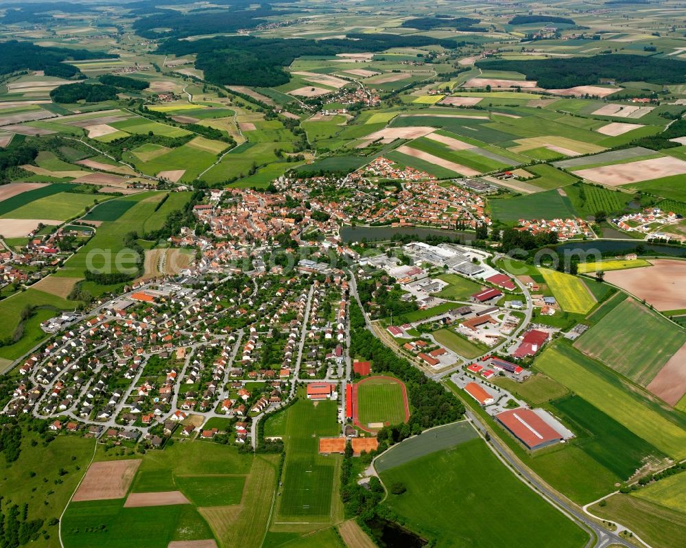 Aerial image Leutershausen - Village view on the edge of agricultural fields and land in Leutershausen in the state Bavaria, Germany