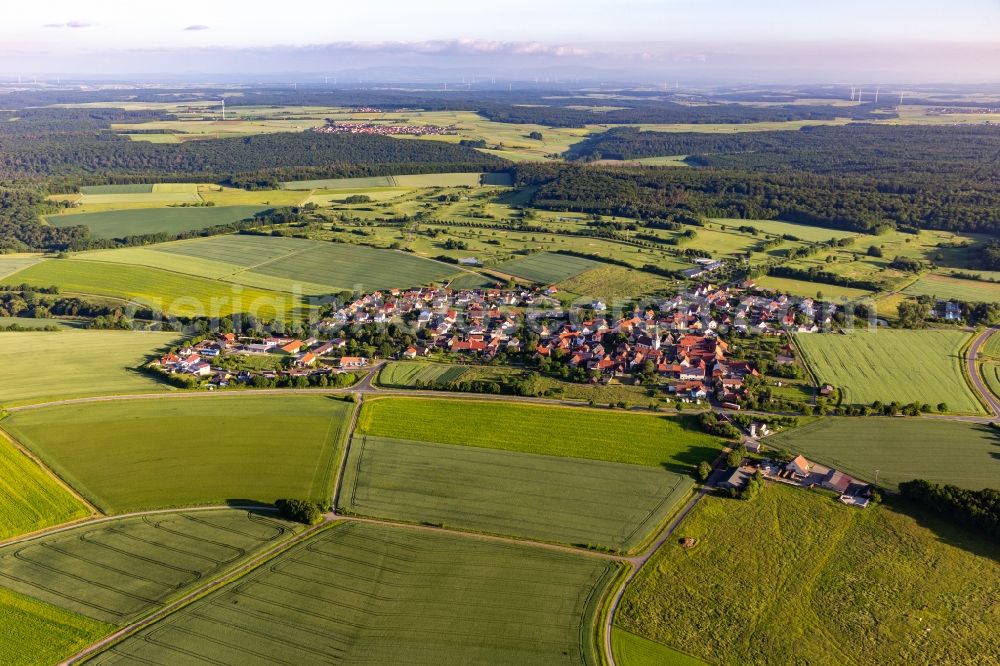 Löffelsterz from above - Village view on the edge of agricultural fields and land in Loeffelsterz in the state Bavaria, Germany