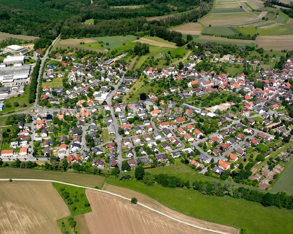 Lichtenau from the bird's eye view: Village view on the edge of agricultural fields and land in Lichtenau in the state Baden-Wuerttemberg, Germany