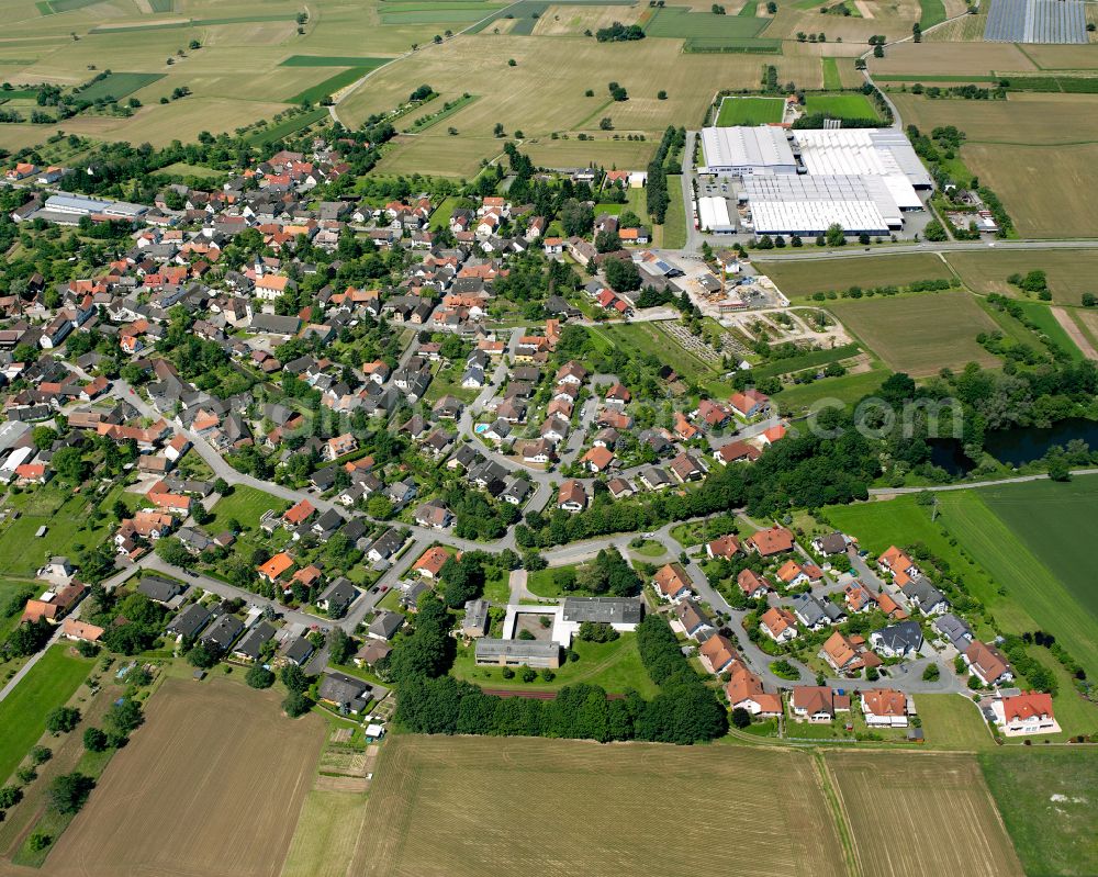 Aerial image Lichtenau - Village view on the edge of agricultural fields and land in Lichtenau in the state Baden-Wuerttemberg, Germany