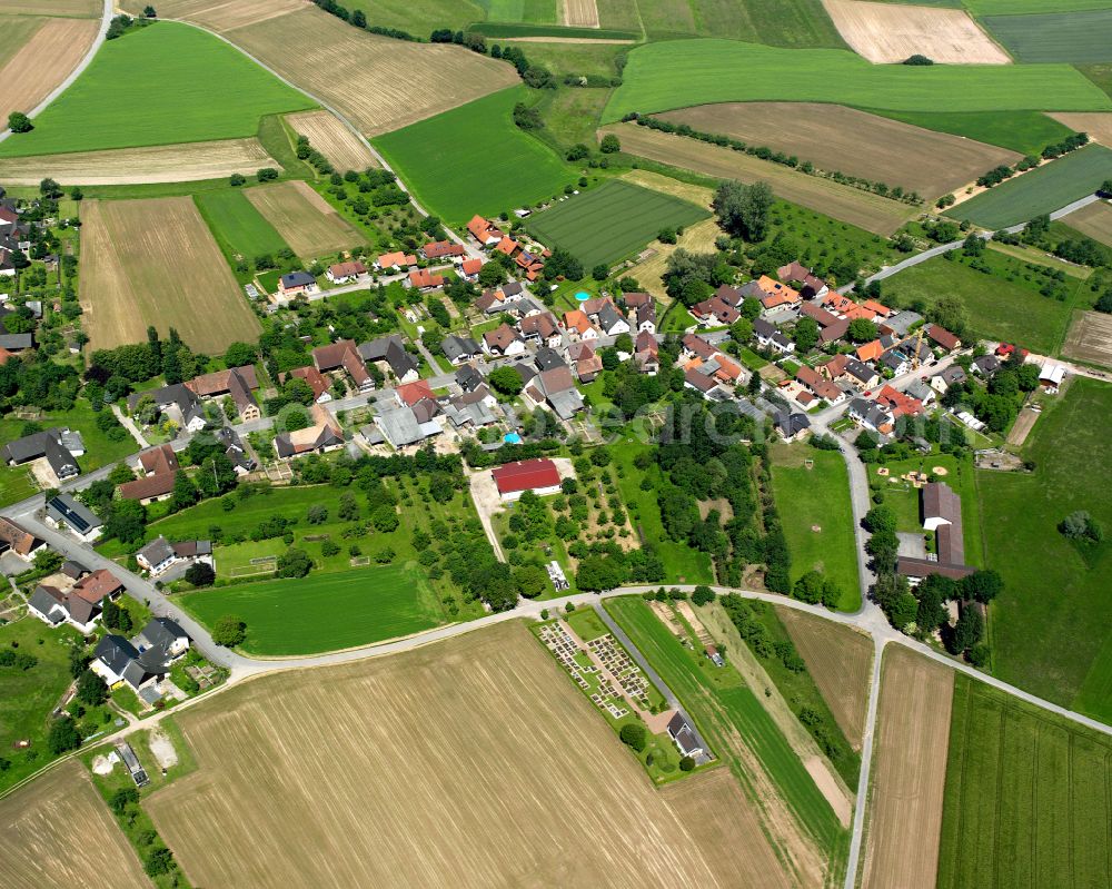 Lichtenau from the bird's eye view: Village view on the edge of agricultural fields and land in Lichtenau in the state Baden-Wuerttemberg, Germany