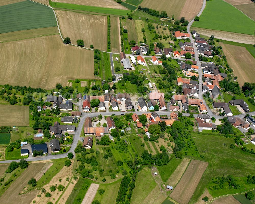 Aerial image Lichtenau - Village view on the edge of agricultural fields and land in Lichtenau in the state Baden-Wuerttemberg, Germany