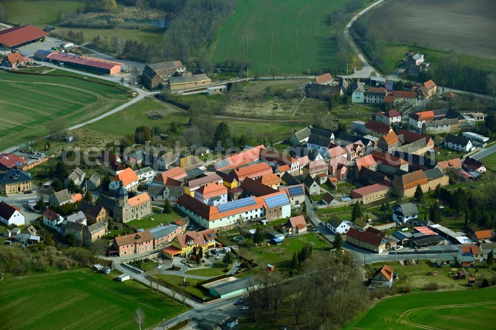 Liederstädt from above - Village view on the edge of agricultural fields and land in Liederstaedt in the state Saxony-Anhalt, Germany