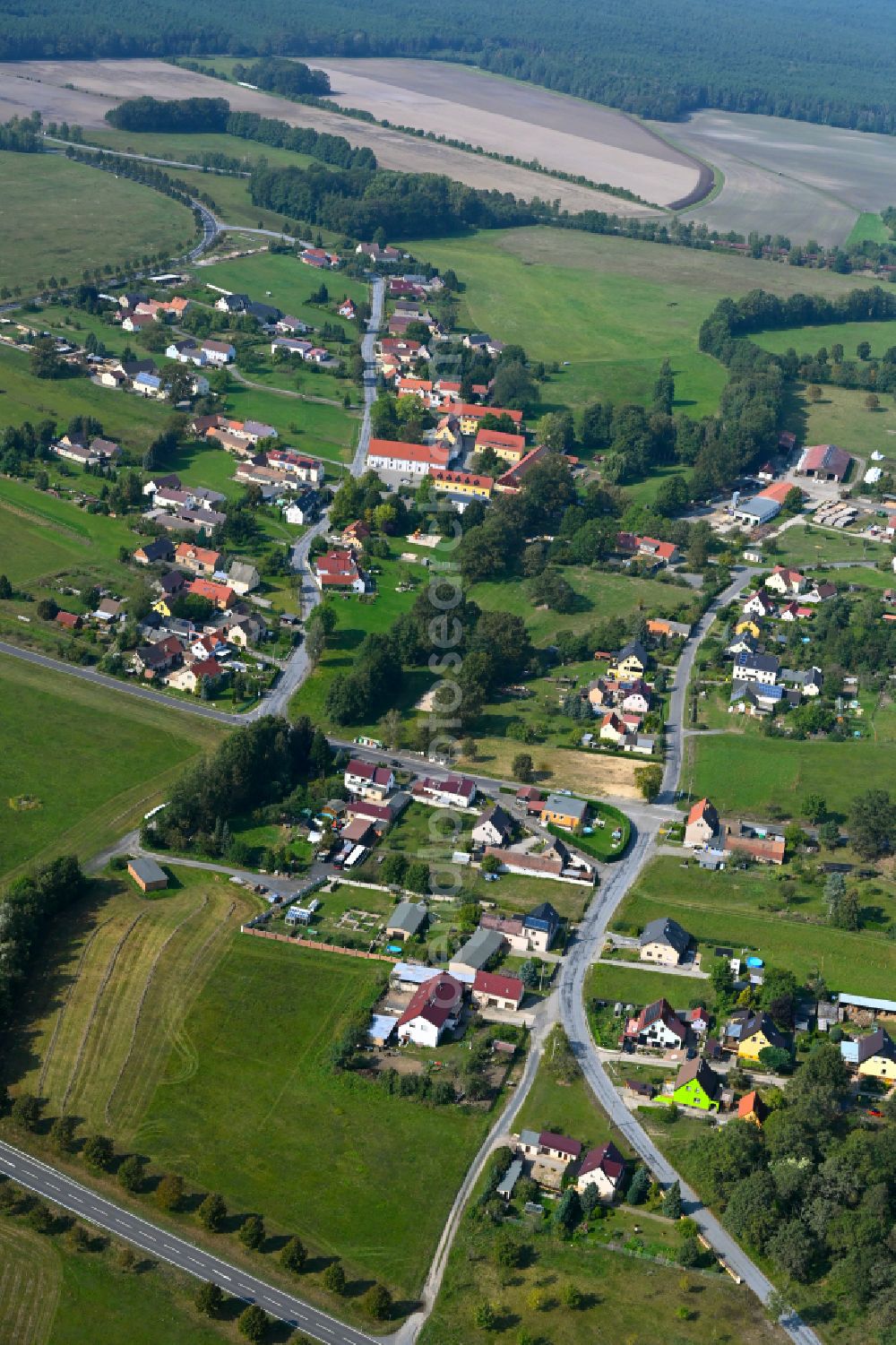 Lieske from the bird's eye view: Village view on the edge of agricultural fields and land on street Hauptstrasse in Lieske in the state Saxony, Germany