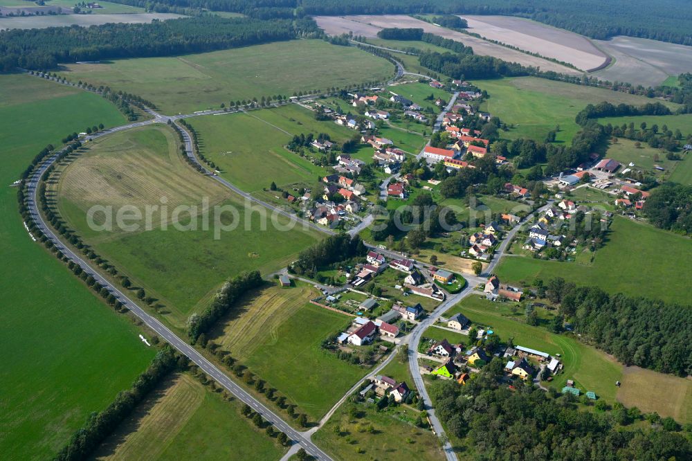 Aerial image Lieske - Village view on the edge of agricultural fields and land on street Hauptstrasse in Lieske in the state Saxony, Germany