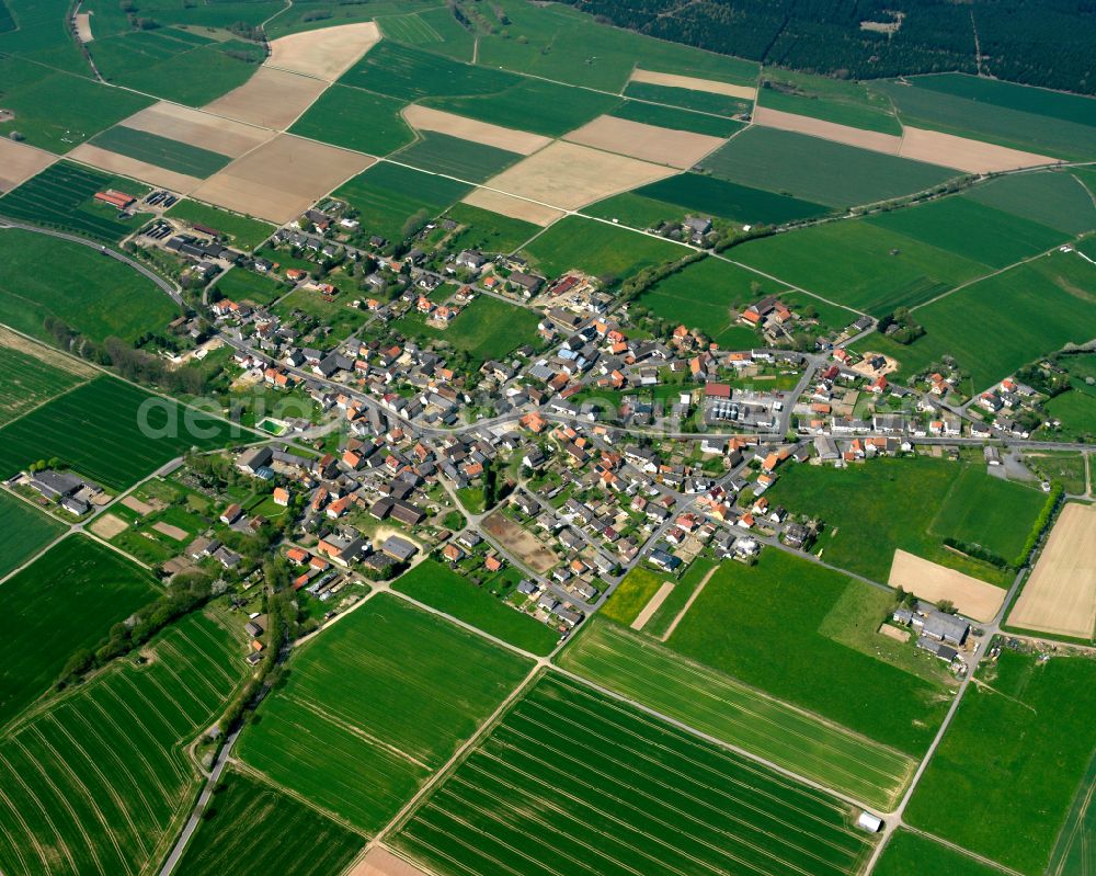 Lingelbach from the bird's eye view: Village view on the edge of agricultural fields and land in Lingelbach in the state Hesse, Germany