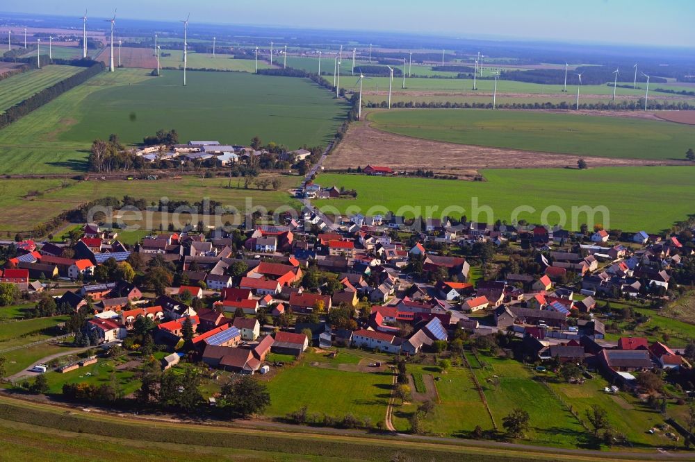 Listerfehrda from above - Village view on the edge of agricultural fields and land in Listerfehrda in the state Saxony-Anhalt, Germany