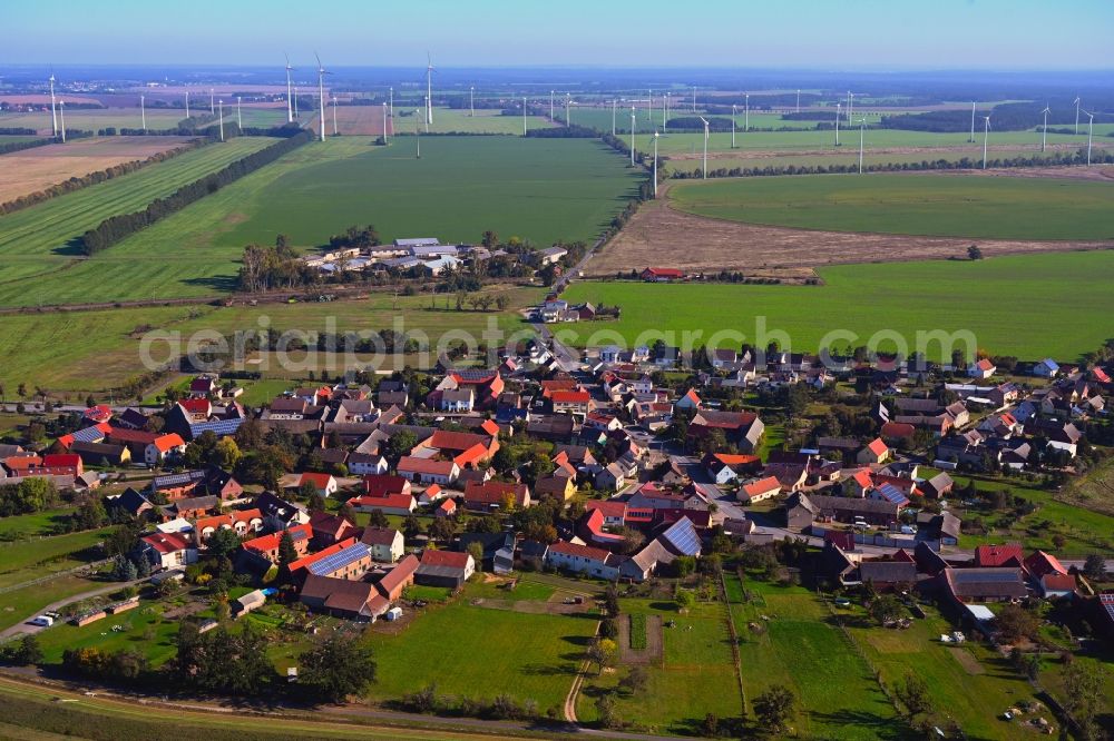 Listerfehrda from the bird's eye view: Village view on the edge of agricultural fields and land in Listerfehrda in the state Saxony-Anhalt, Germany
