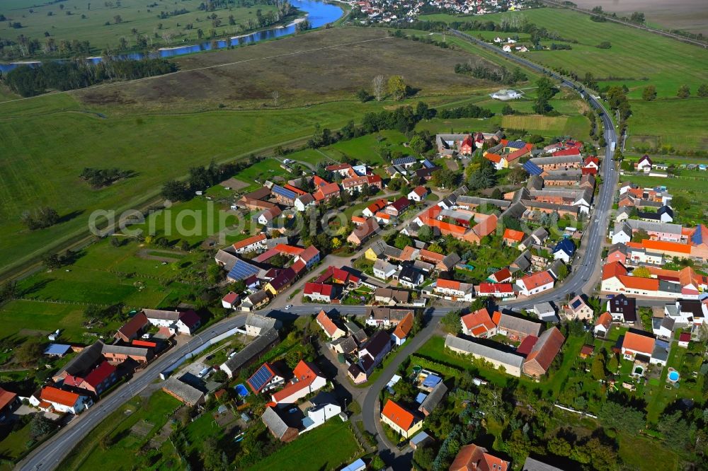 Listerfehrda from above - Village view on the edge of agricultural fields and land in Listerfehrda in the state Saxony-Anhalt, Germany
