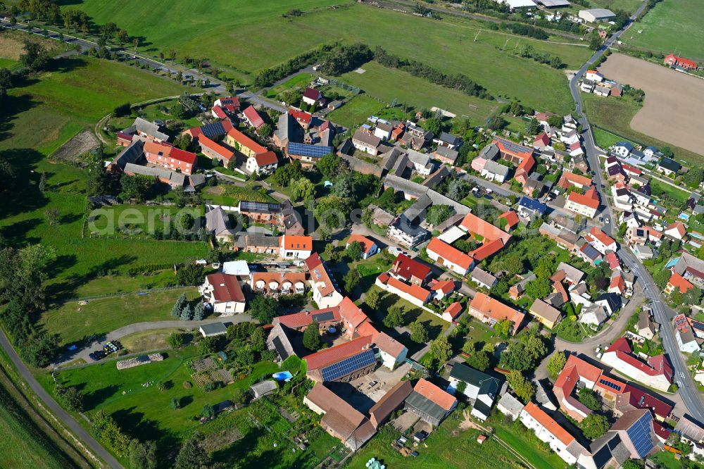 Listerfehrda from above - Village view on the edge of agricultural fields and land in Listerfehrda in the state Saxony-Anhalt, Germany