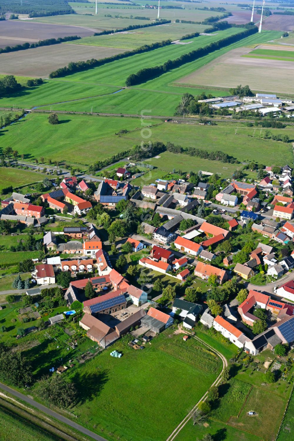 Listerfehrda from the bird's eye view: Village view on the edge of agricultural fields and land in Listerfehrda in the state Saxony-Anhalt, Germany