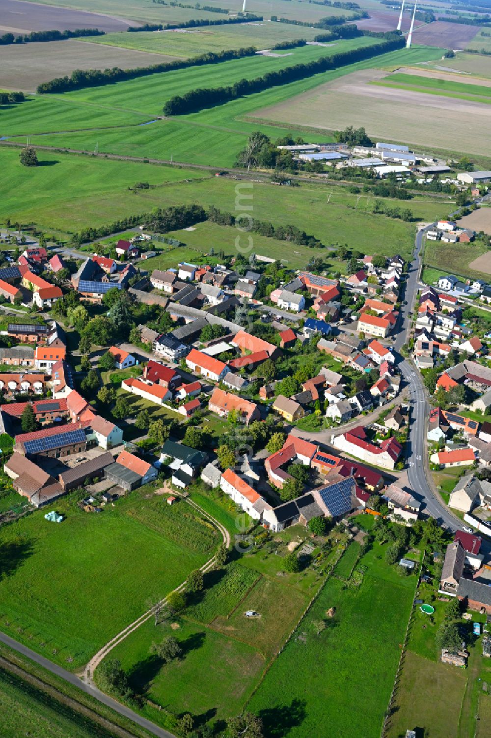 Aerial image Listerfehrda - Village view on the edge of agricultural fields and land in Listerfehrda in the state Saxony-Anhalt, Germany